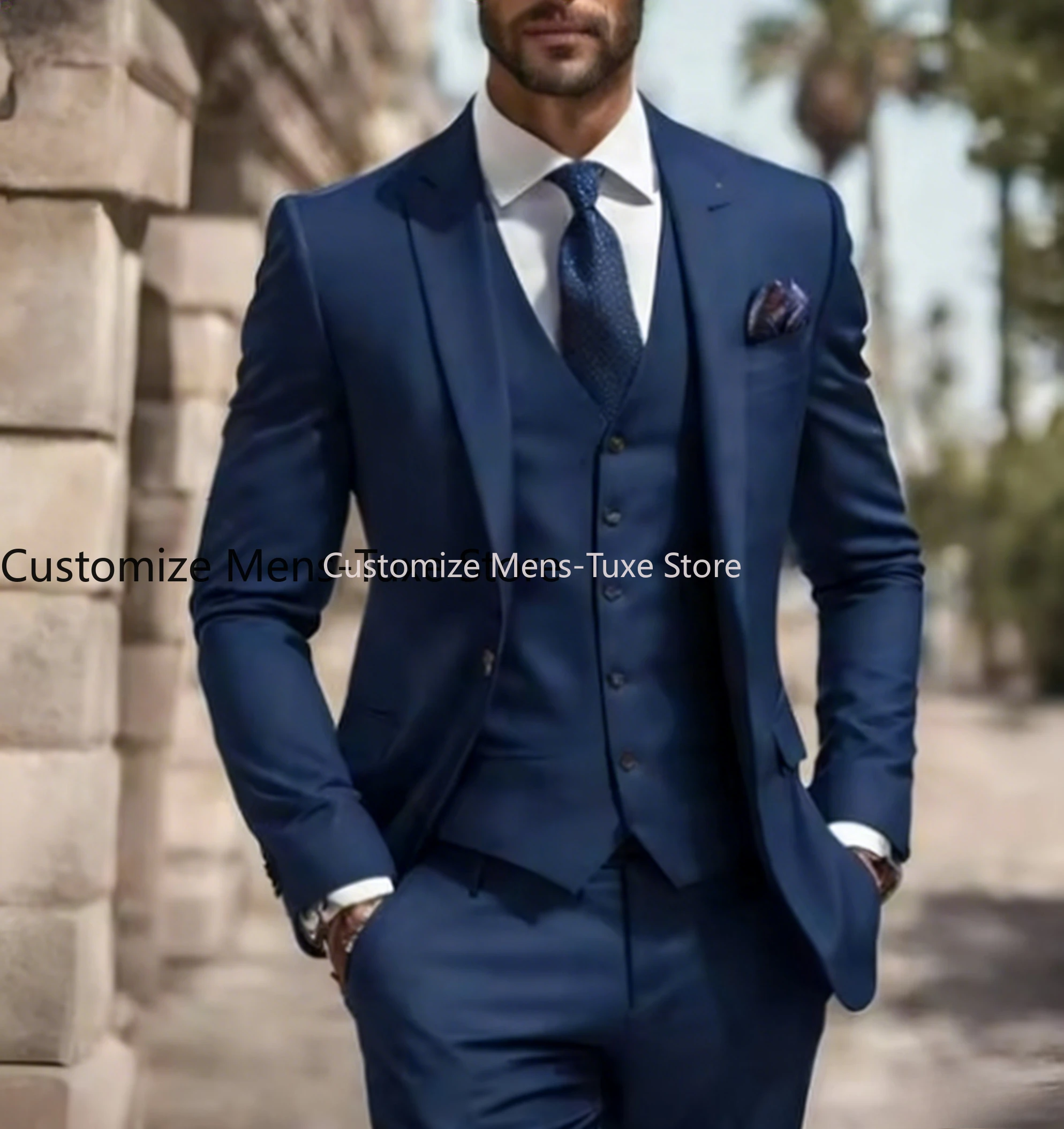 

New Navy Blue Business Men Suit Groom Groomsman Wedding Party Prom Male Formal Occasion Tuxedos 3 Piece Set Blazer Vest Pants