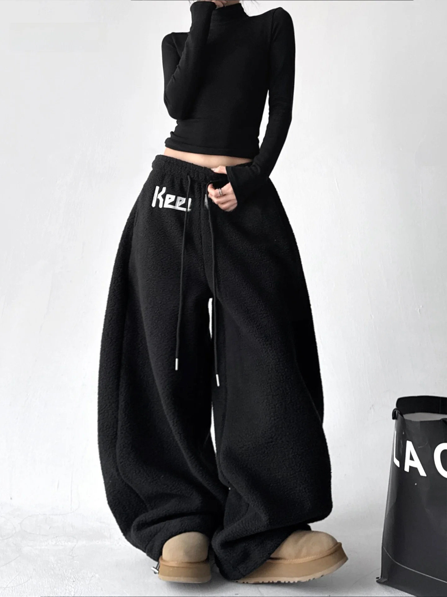 

Широкие брюки из меха ягненка с высокой талией, свободный крой, повседневные женские брюки, удобные свободные брюки из смеси хлопка и полиэстера