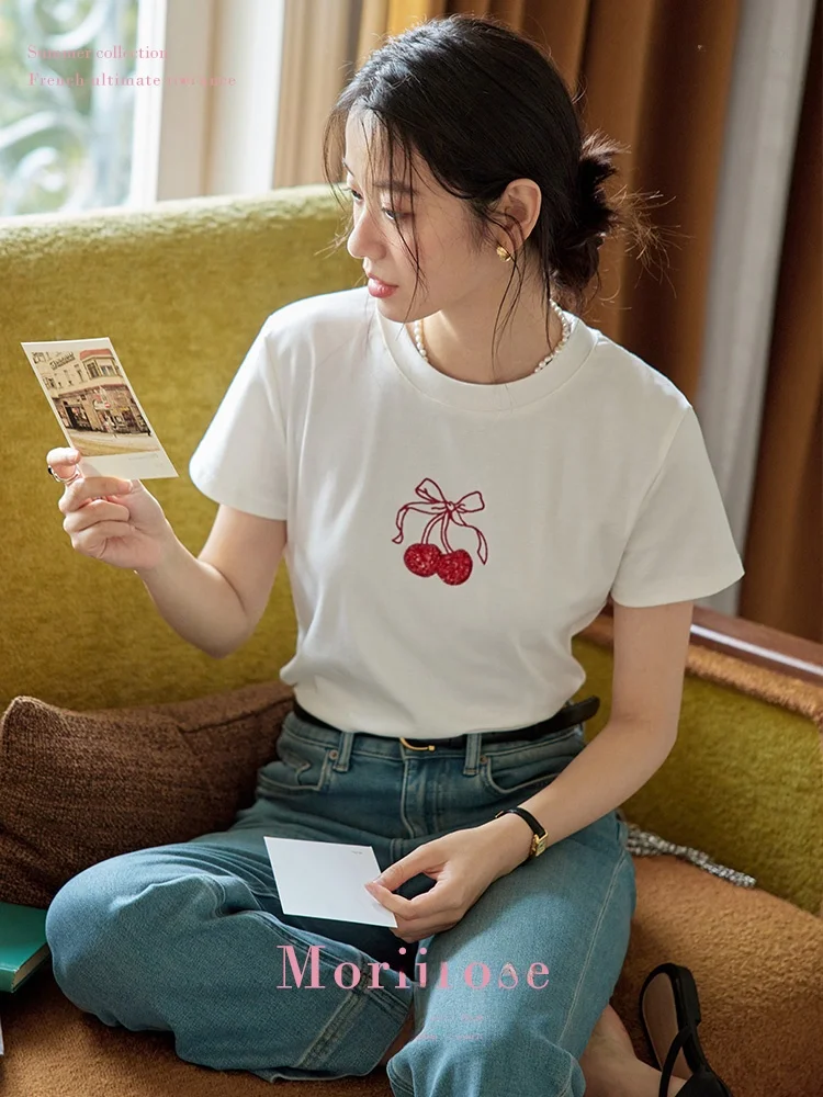 

Moriirose Women's Loose round Ne ort Sve T-irt Embroidered Cherry Knot White ey Glitter Cotton Blend Sum...