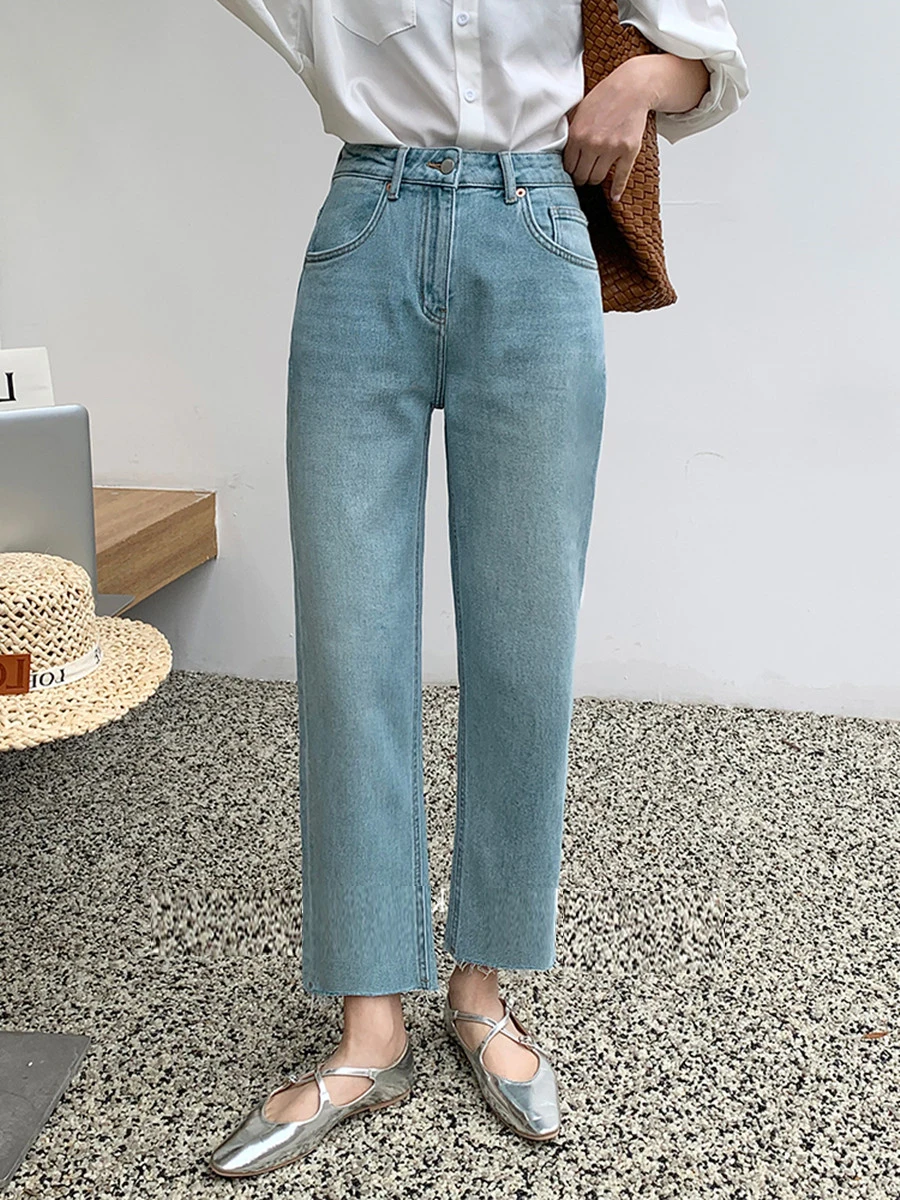 High Waist Woman Jeans 2024 Autumn New Arrivals Blue Color Botton Burrs Straight Korean Fashion Elegant Jeans Women Hot Sale