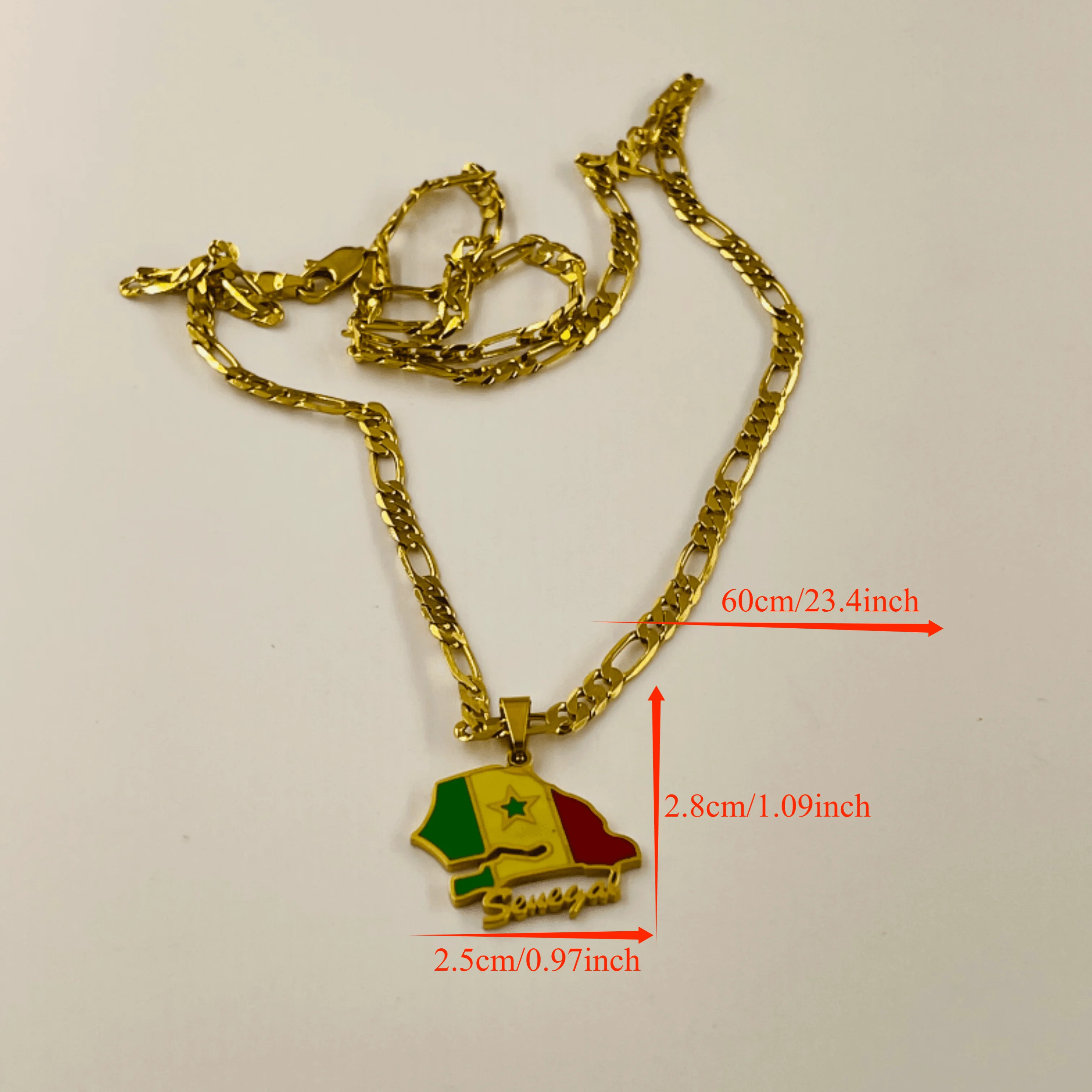 Senegal map flag pendant necklace, gold-plated leather chain, national sentiment commemorative ethnic accessories