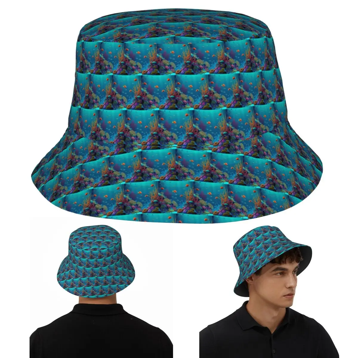 الأسماك الاستوائية المرجان والمرجان والأسماك الاستوائية دلو القبعات بنما للأطفال بوب صياد القبعات الصيف قبعات الصيد رجل امرأة #1
