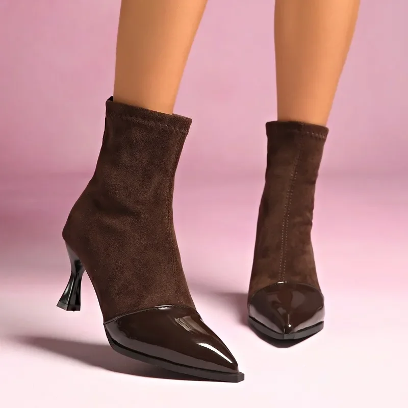 

Stiletto Booties Fashion Paneled Suede Zipper Non-Slip Wear-Resistant Heel Skinny Boots