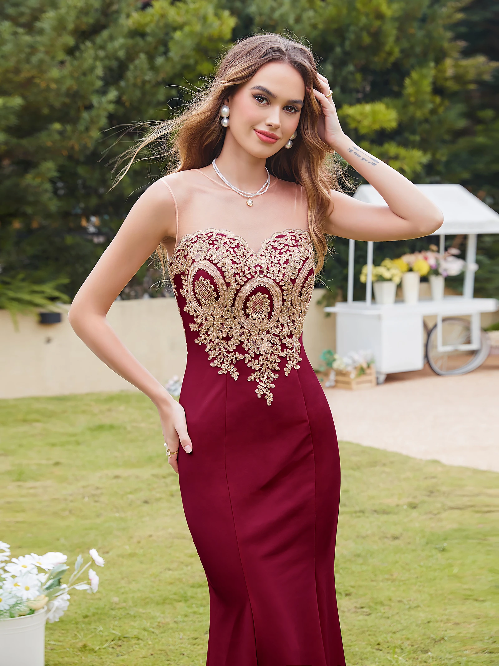 BABYONLINE Burgundy Evening Dress Illusion O-Neck Sequins Appliques Sleeveless Mermaid Prom Dress Slim Empire Party Trumpet Gown image 6