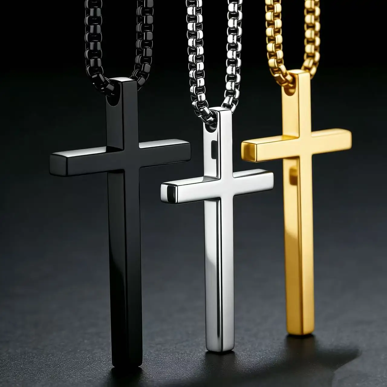 HNSP Minimalistische massive Kreuz-Halskette aus 316L-Edelstahl, wasserdichter Kreuzanhänger für Männer und Frauen, Schwarz, Silber, Gold – Detail 2