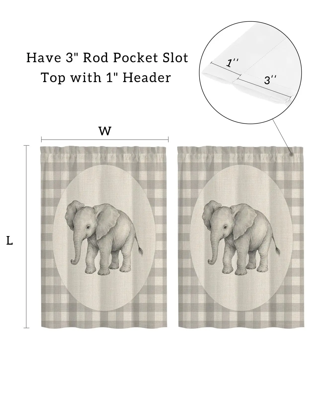 Elephant Kitchen Curtains - 45 Inch Length Kitchen Window Curtains Over Sink - Short Blackout Curtain for Small Windows