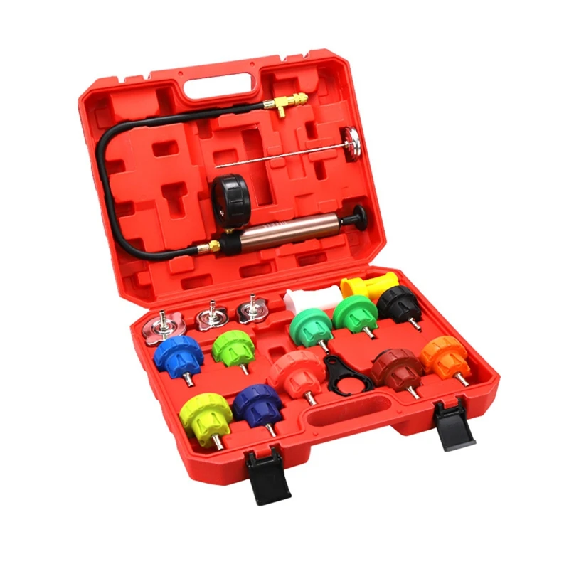 

18Pcs Radiator Pressure Leakage Tester Tool Kit, Cooling System Water Tank Leak Test Detector Set With Hand Pump