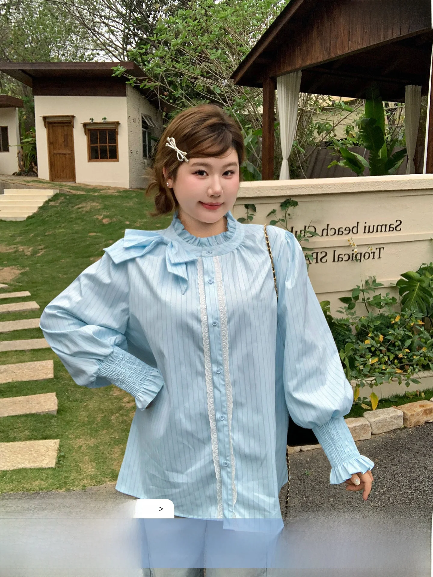 

Sweet Knot Stripe Bubble Sleeve Loose Top for Women Large Size YUZI Polyester Fiber Spring Season Long Sleeve