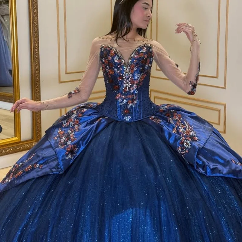

Блестящее темно-синее платье Quinceanera с блестящими цветами и кристаллами, длинный хвост, многослойное платье Vestidos De 15, Quinceanera ﻿ Настроить