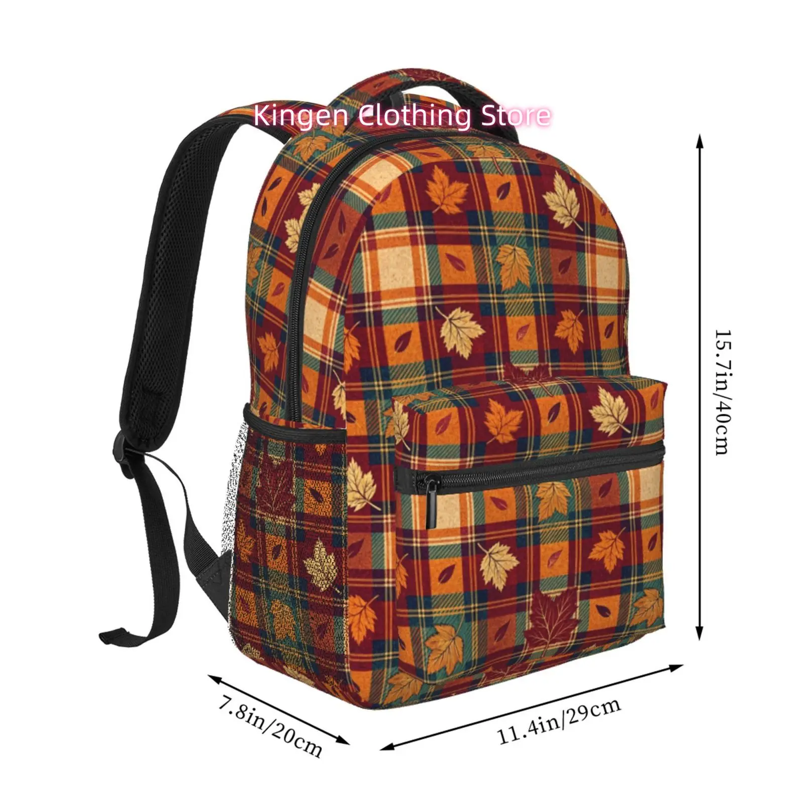 Autumn Plaid Maple Leaf Vintage Print Travel Backpack, Large Capacity with Adjustable Shoulder Straps And Multiple Compartments,