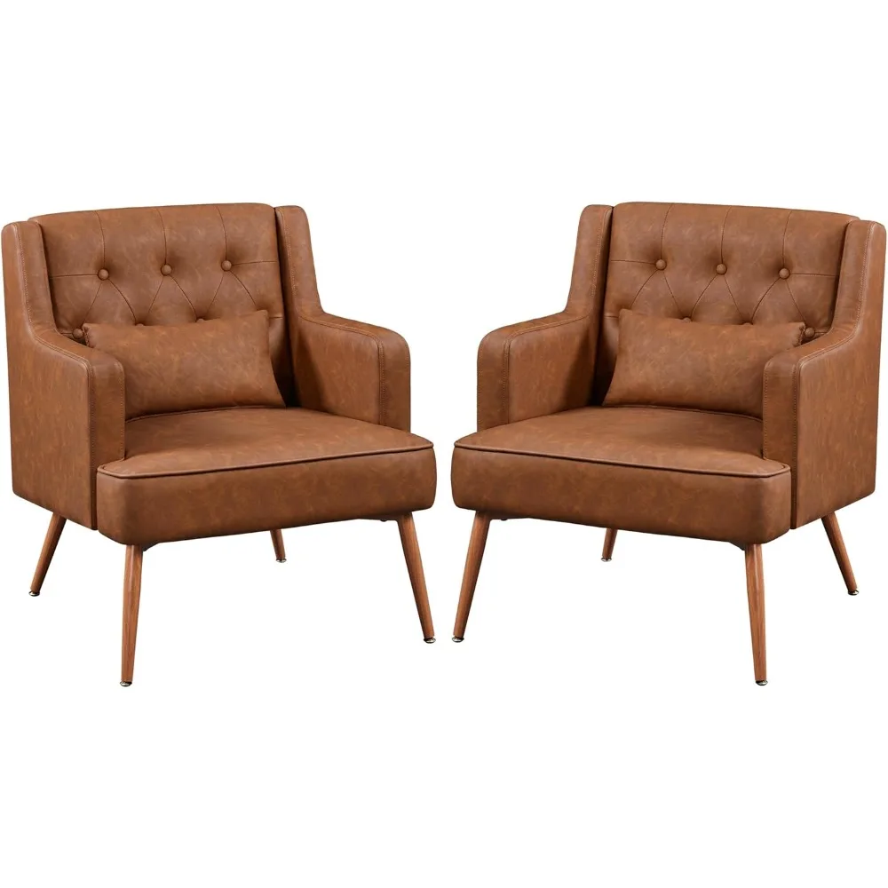 

Accent Chair, Living Room Chair Mid Century PU Leather Armchair Lumbar Pillow, Comfy Upholstered Reading Chair Wood Leg Bedroom