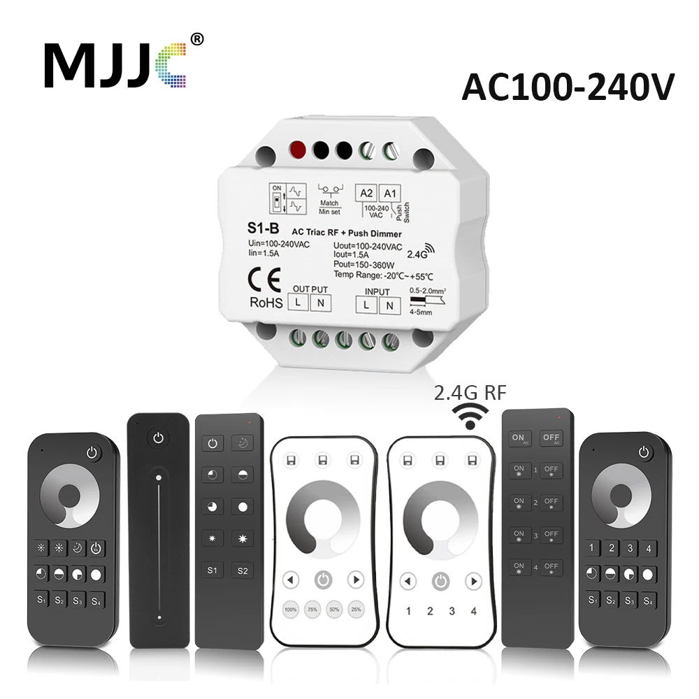 MJJC 110V 220V 230V AC LED Triac Dimmer for Single Color Strip Light Bulb Lamp 2.4G Wireless RF Remote Control S1-B Dimer