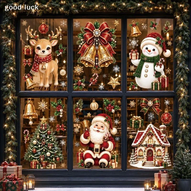 Christmas 2027 New Window Stickers Cute Santa Reindeer Snowman Snowflake Xmas Glass Stickers Winter Home Shop Window Decor Gift