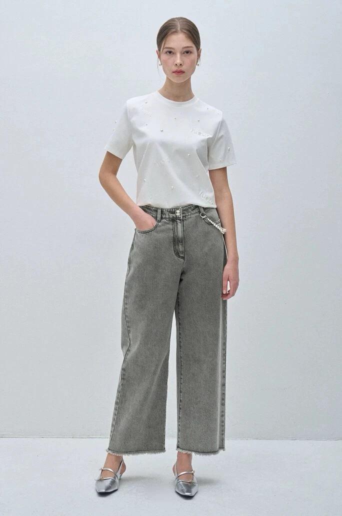 

Faionable round Ne ort Sve T-irt Heavy Embroidery Pearl Slimming Korean Single Piece Spring Summer Clothing