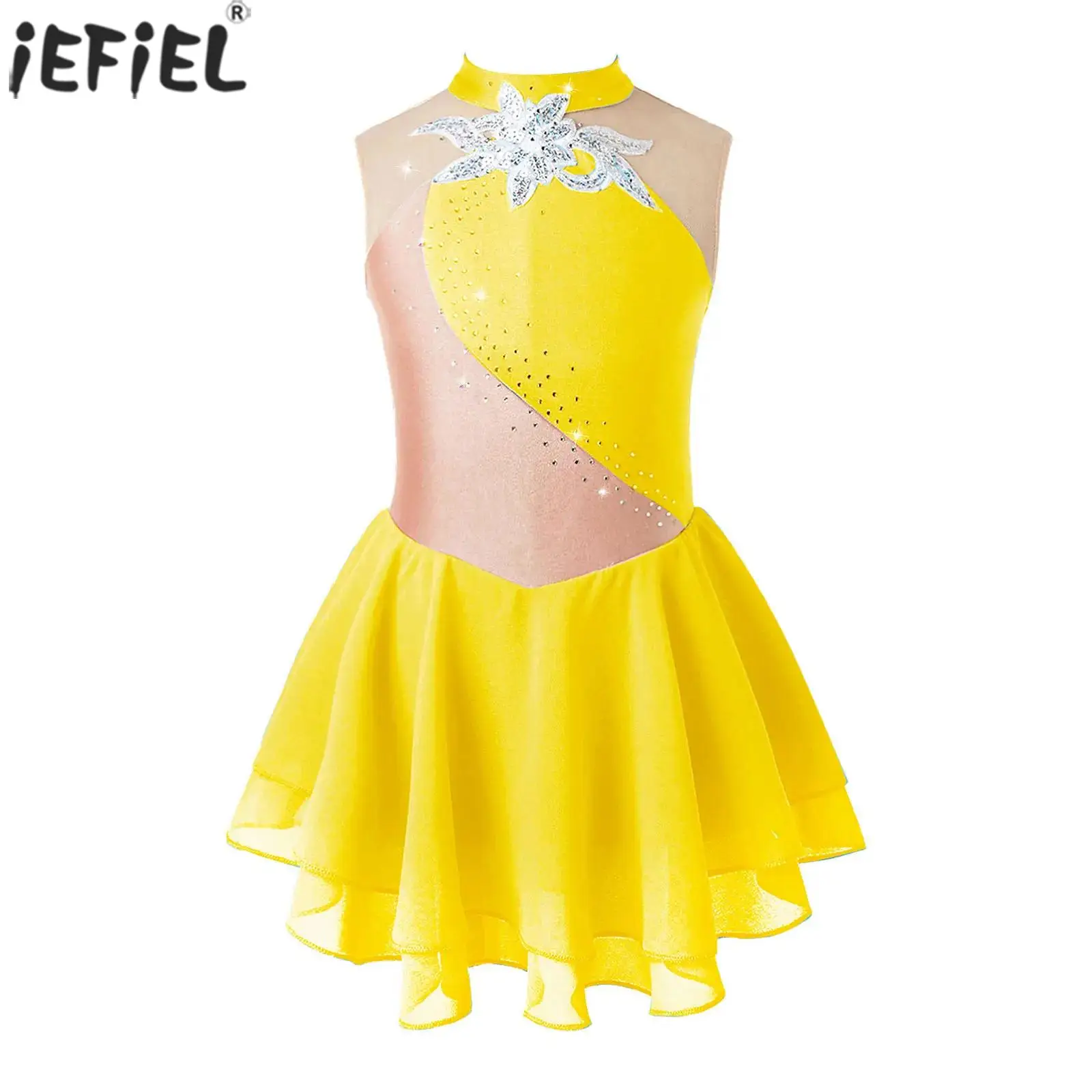 Kids Girls Figure Skating Ballet Dance Gymnastics Tutu Dress Leotards Shiny Rhinestones Sleeveless Stage Performance Dancewear