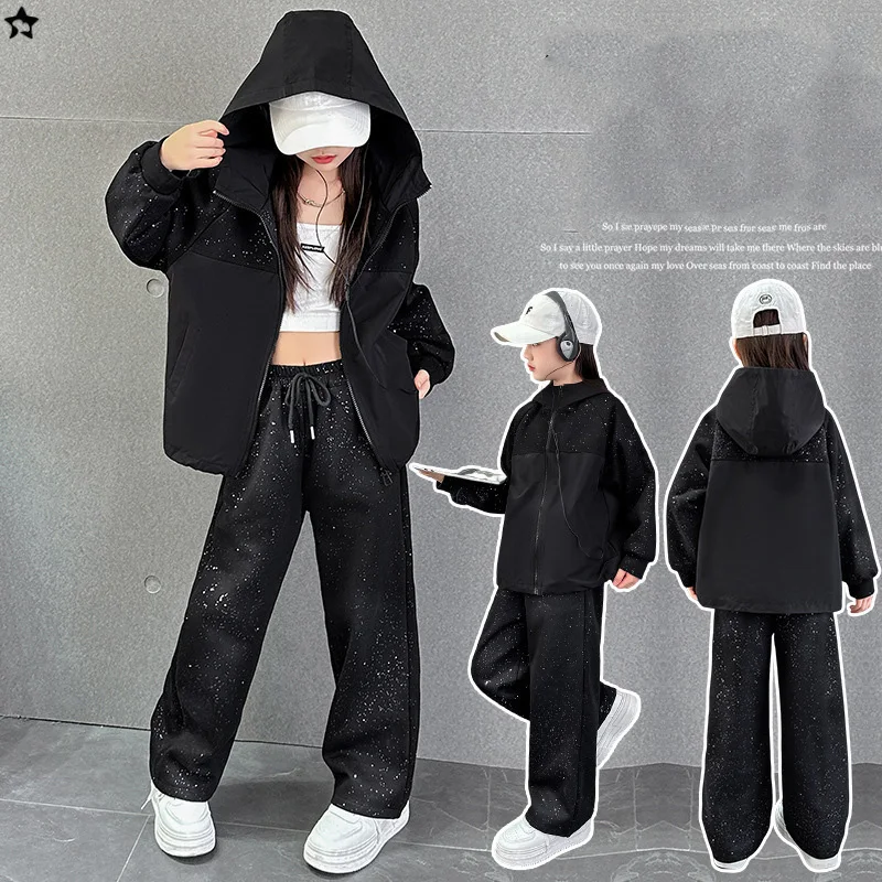 

2025 School Girls Two-piece Sets Autumn Patchwork Zipper Hooded Coat+Drawstring Straight-leg Pant Children Girls Loose Outfit