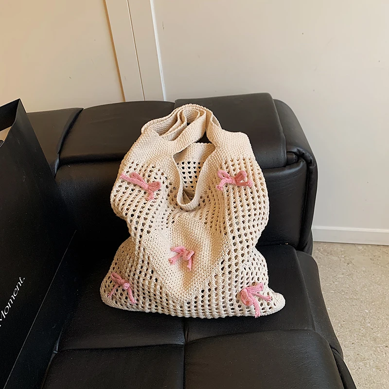 

Fabric Hollow Out Women's Handbag Large Capacity Bow Simple 2025 Hot Sale Women's Bags Soft Commuting Patchwork Shoulder Bags