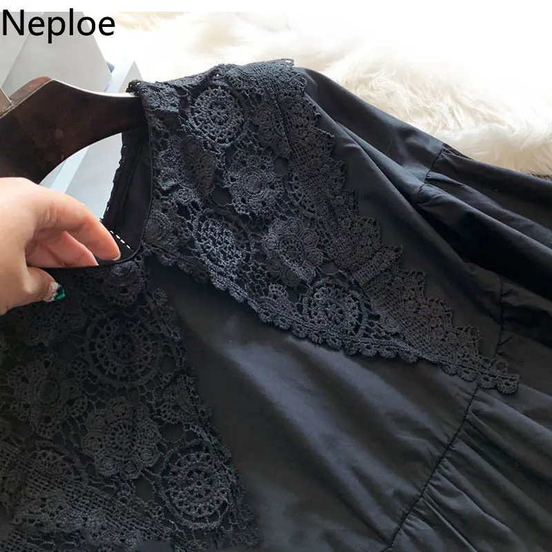 Neploe Oversized Blouse Women 2023 Blusas Mujer De Moda Crochet Lace Shirt Lantern Sleeve Loose Blouses Japanese Black Long Tops