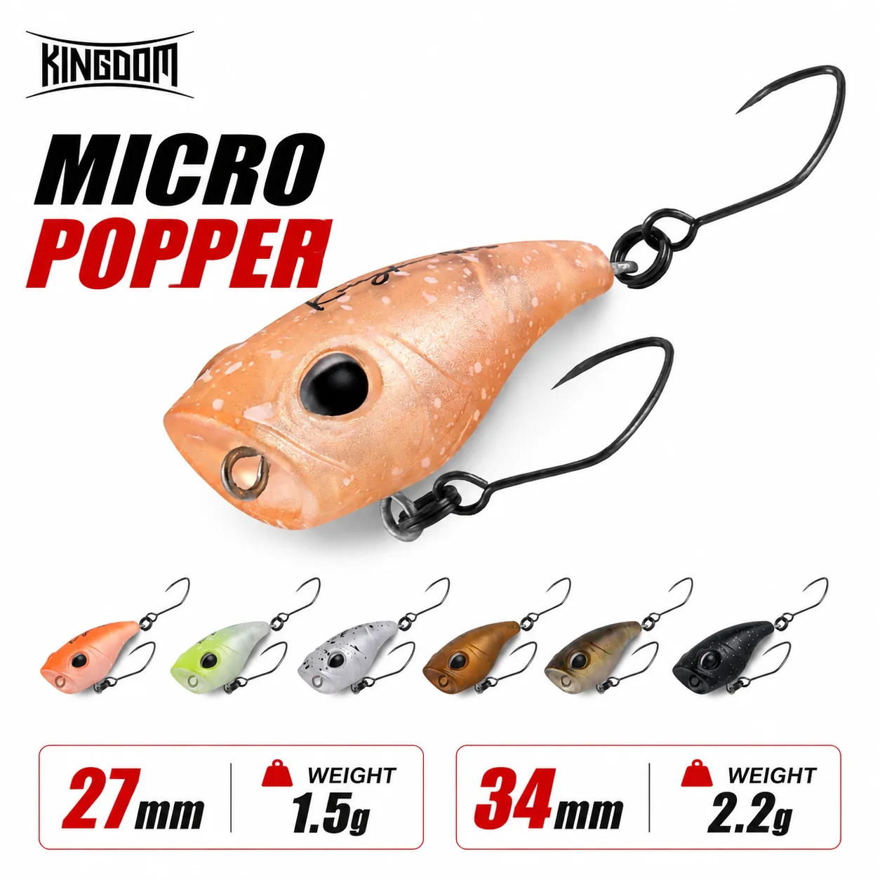 Kingdom Micro Popper Angelköder, 1,5 g, 27 mm, 2,2 g, 34 mm, künstlicher schwimmender Kurbelköder, Topwater-Hartwobbler zum Angeln auf Barschforellen