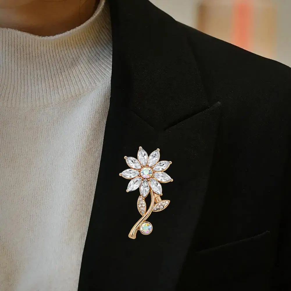 Rhinestone Flower Brooch For Women, Golden Plated Floral Lapel Pin Sparkling Clothing Jewelry For Wedding Party Prom