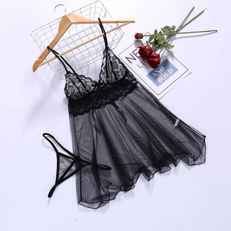 European and American Lingerie Lace Hem Mesh Irregular See-through Front Slit Suspender Nightdress Suit