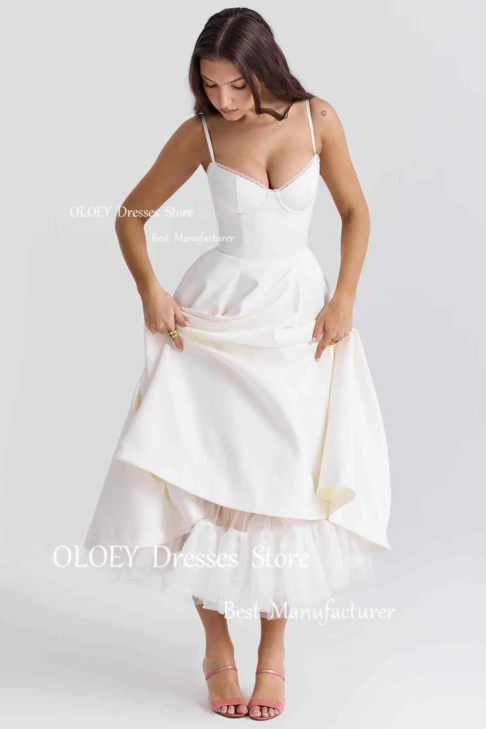 OLOEY Korea Simple Wedding Dresses Spaghetti Straps Satin Photoshoot Bridal Gowns Corset Back Ankle-Length A-Line Custom Made