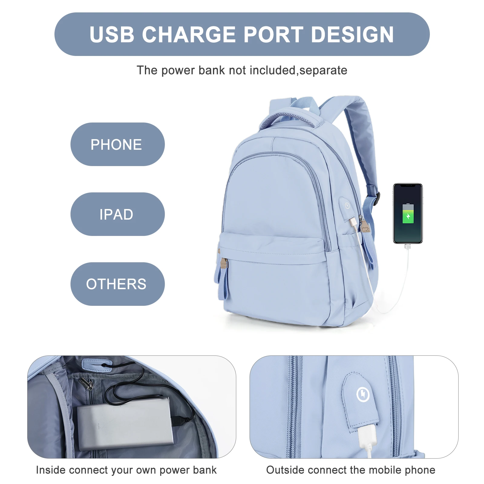 School Backpack for Women Lightweight Casual High School Bags Waterproof Daypack With Usb Charging Port College Laptop Bookbag