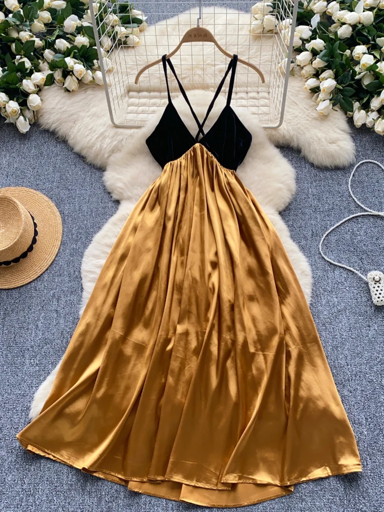 

Women Fashion Elegant Beach Party Style Summer New Sexy Camisole Dress Ladies Summer Strappy Hollow Slim Long Dresses for Women