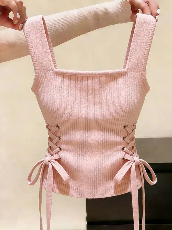 

Pink Knitted Belted Waist Vest Women's Summer New Style High-End Feeling Nature Inner And Outer Wear Sleeveless Top