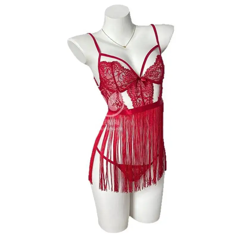 

Passion Sexy Lingerie Lace Strap Nightdress Tassel Short Transparent Dress Sexy Eyelash Lace Fringe Sleepwear Dress Elegant VSNO