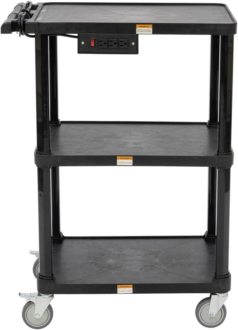 3-Shelf Mobile Utility Cart with 3 Outlets and 8' Cord, Heavy-Duty Service Cart for Offices and Warehouses with 3 Shelves, Black