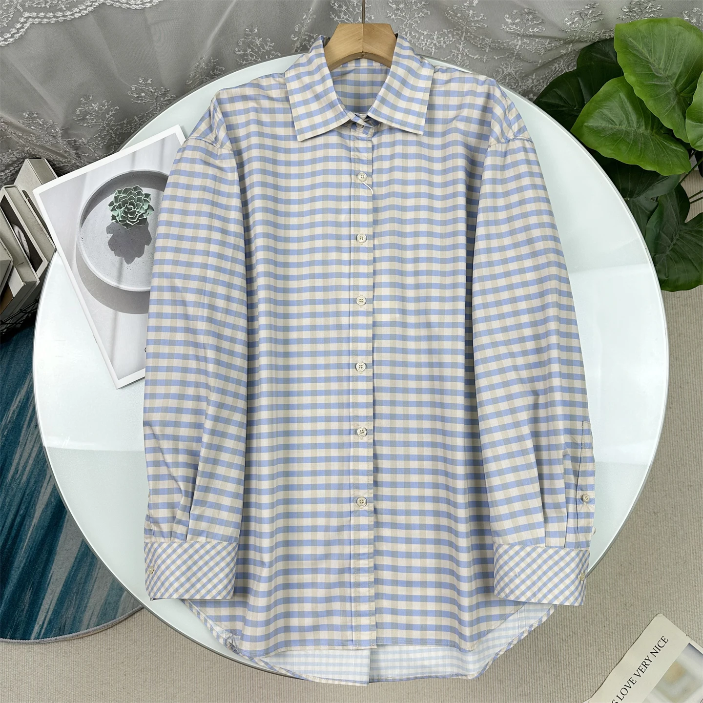 

Loose Fit Plaid Shirt Women's Long Sleeve High round Neck Spring Summer Casual Style Cotton Blend Top Blue White Stripes