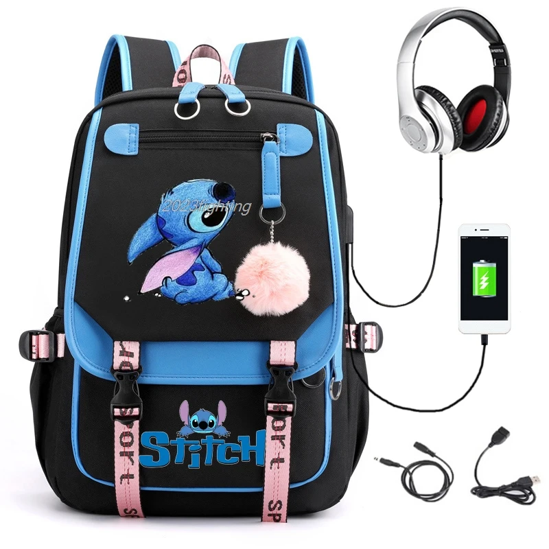 Lilo Stitch Mochilas com Capacidade USB Dos Desenhos Animados, Mochila Leve para Adolescentes, Meninas Estudantis e Meninos, Cosplay Kawaii, Laptop