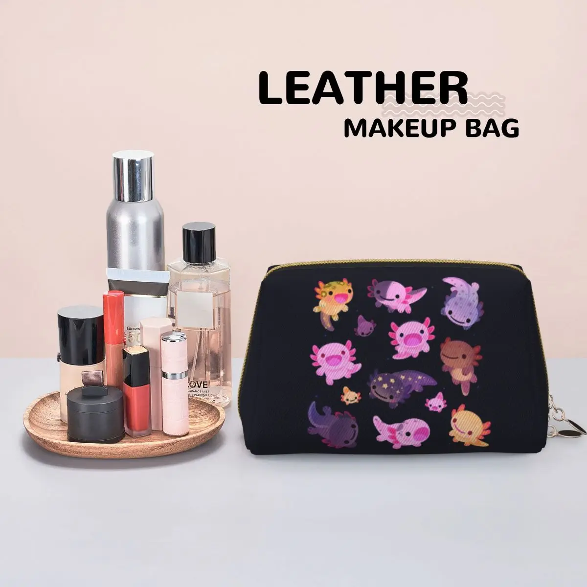 Happy Axolotl Women Cosmetic Bag Travel Makeup Organizer Pouch Toiletry Storage Dopp Kit Case