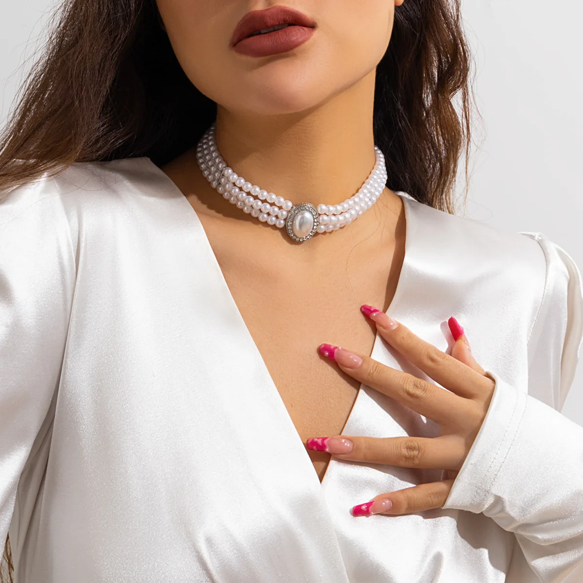 Choker Layered Faux Pearl Round Pendant with Premium Classic Look and Sturdy Adjustable Rose Gold Chain for Women Office Wear