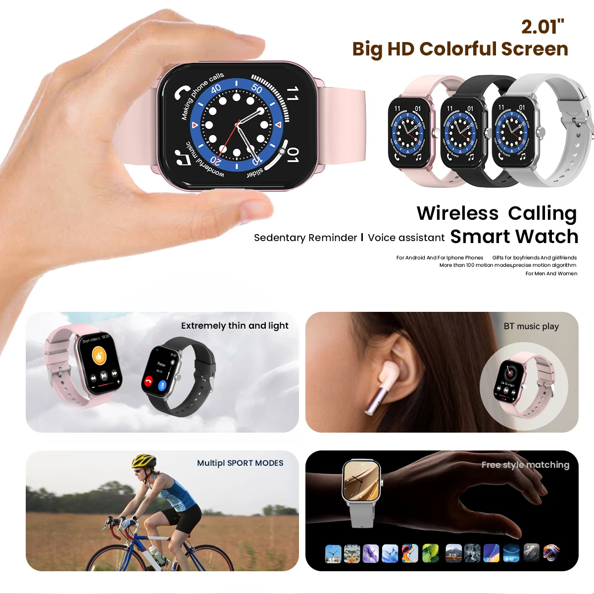 New Smart Watch 2.01-Inch Large Screen Display For Men And Women Exercise Record Phone Calls Multi-Function Sleep Blood Pressure