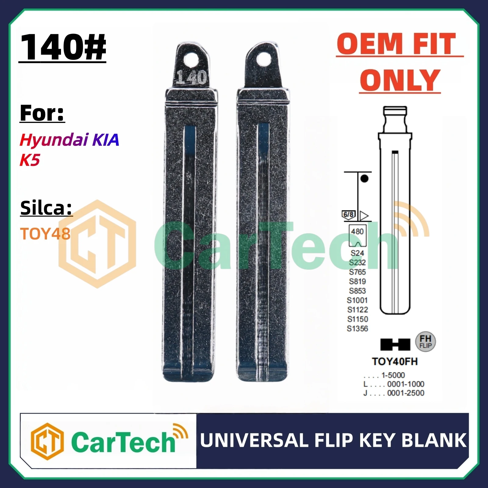 

Cartech 140# OEM Style Uncut Blank Key Blade Replacement for Hyundai KIA K5 Original Remote Key TOY48