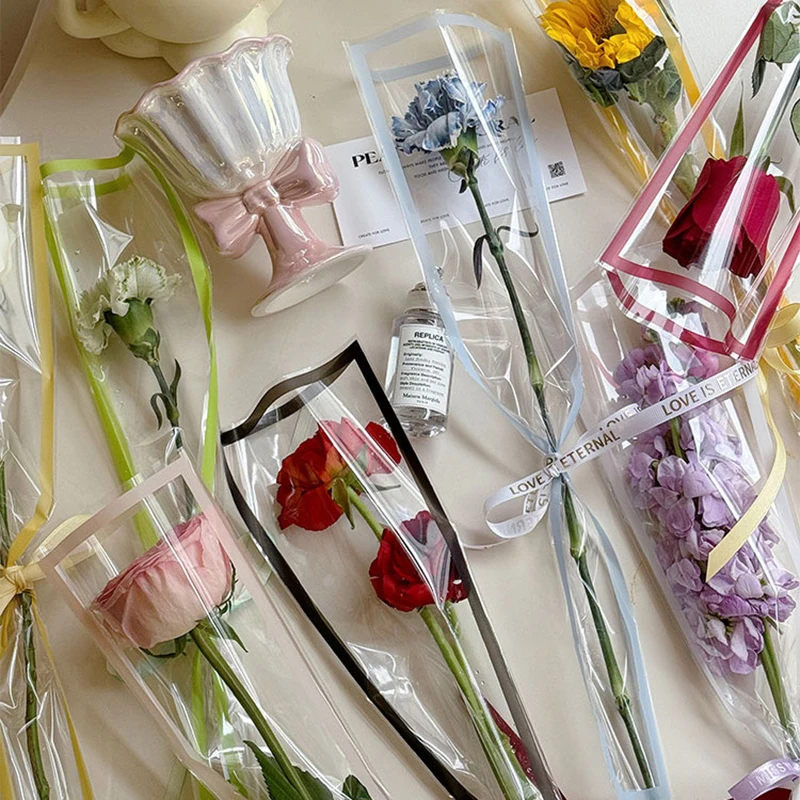 50Pcs Single Bouquet Flower Wrapping Paper Transparent Cellophane Gift Packaging Bag Wedding Birthday Party Florist Packing Bags