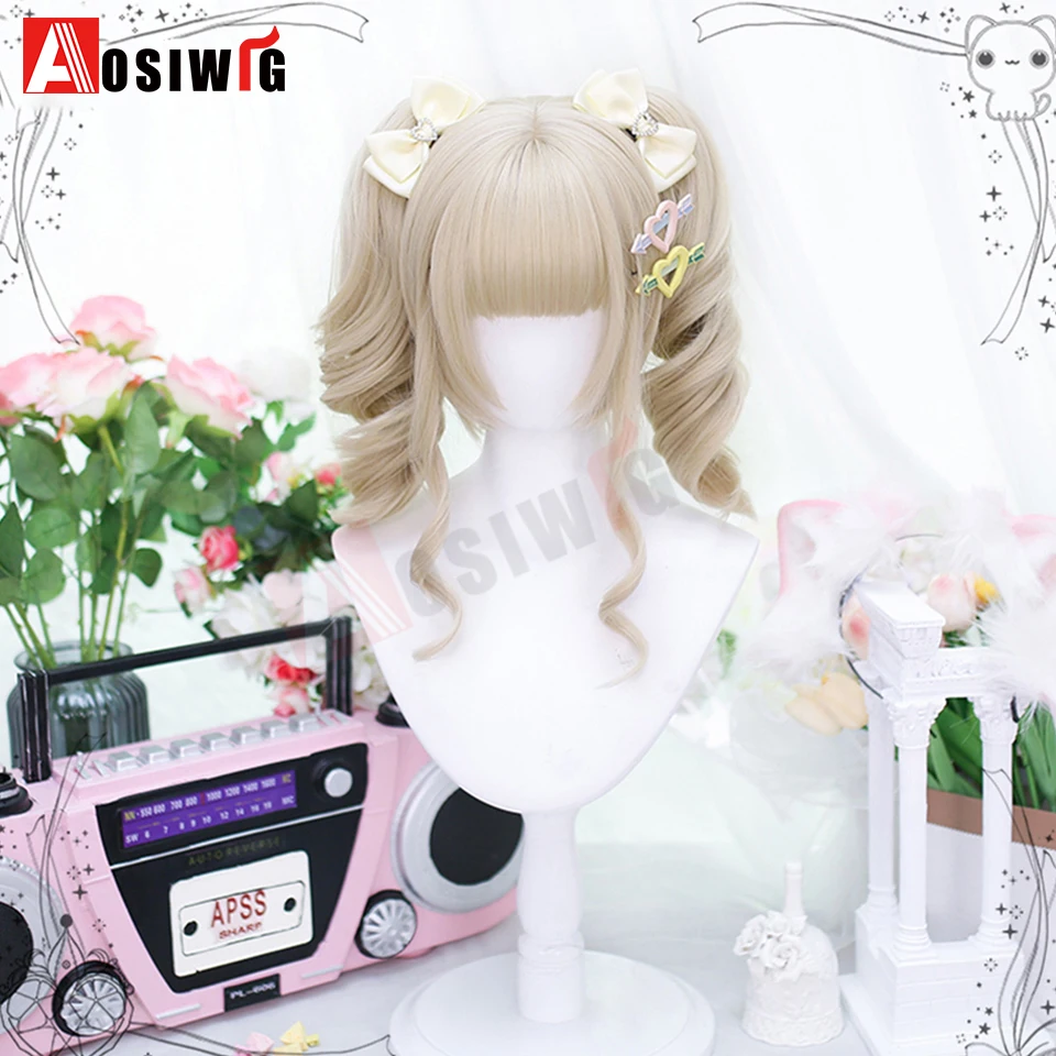 Synthetische Lolita-Perücke im Prinzessinnen-Schnitt mit doppeltem Pferdeschwanz und Pony, für Mädchen, Ombre, Blond, Braun, Weiß, Grau, Cosplay, Halloween, Harajuku-Perücke