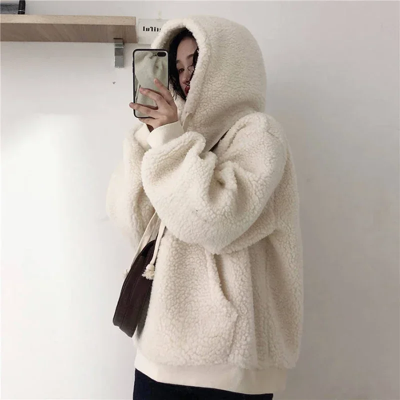 Winter Loose Long-sleeved Lamb Plush Warm Ladies Pullover Plus Velvet Thickening Casual Loose Lantern Sleeve Women\'s Hoodie