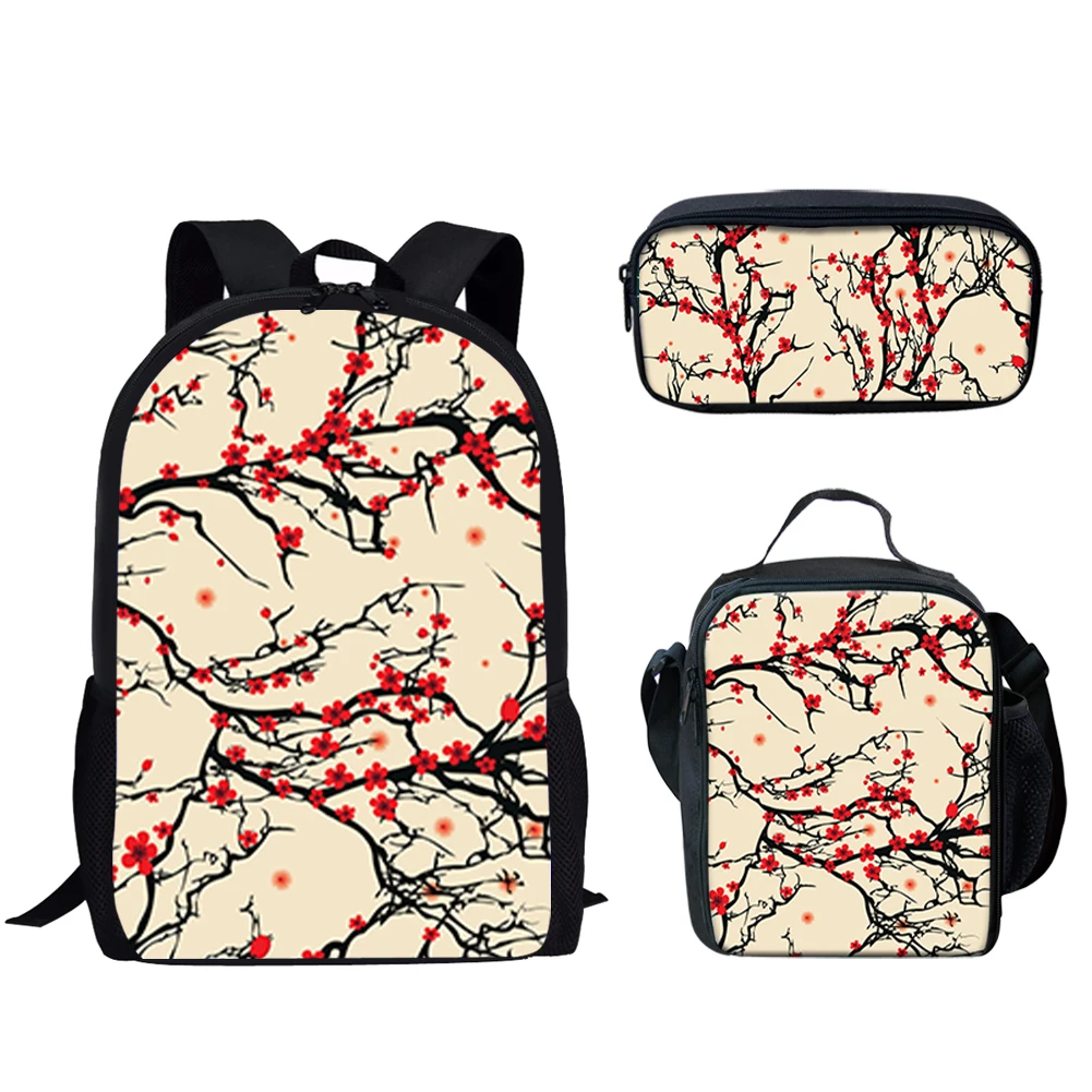 Japanese Cherry Blossom Print Student School Bag, Lightweight Campus Storage Backpack para Meninos e Meninas Adolescentes, Book Bag, 3pcs por conjunto