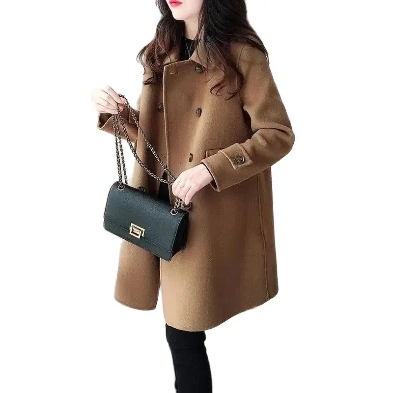 

2023 New Women's Woolen Jacket Loose Autumn Winter Coat Mid Length High-End Korean Version Double Breasted Woolen Coat Female