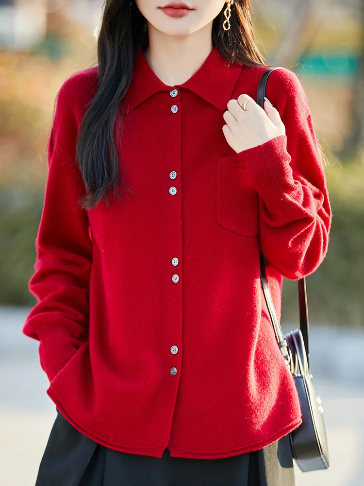 

Шерстяной свитер с воротником-поло, 100, чистая шерсть, весна и осень, новый вязаный женский свободный и утягивающий кардиган ZA682