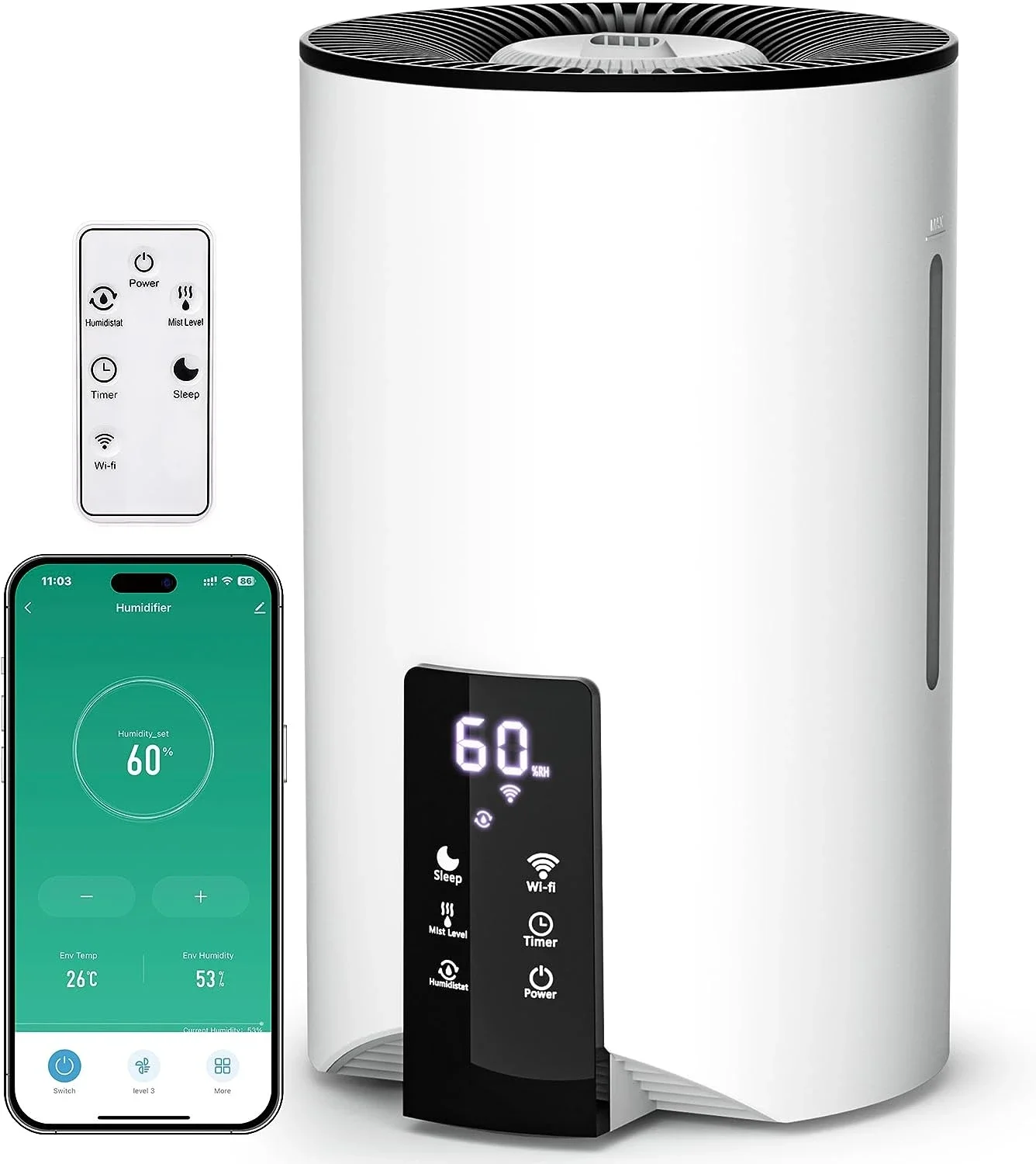 

Large Room Humidifiers for Bedroom - 4L Cool Mist Humidifier with 360° Nozzles, Smart App and Voice Control, Compatible with Es