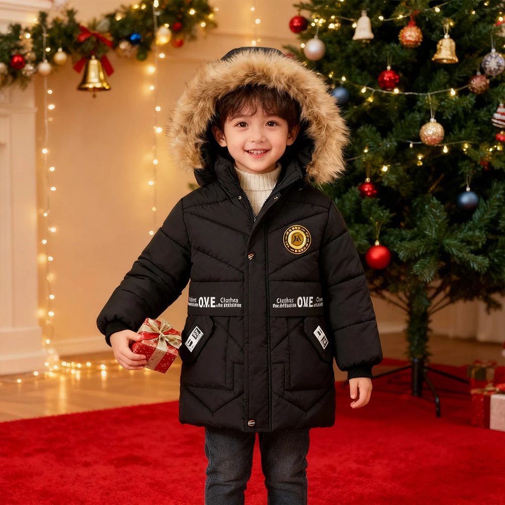 Autumn Winter Boys Jacket Thickened Keep Warm Girls Coat Hoodie Windproof Long Coats Children Outerwear New Year Fleece Overcoat