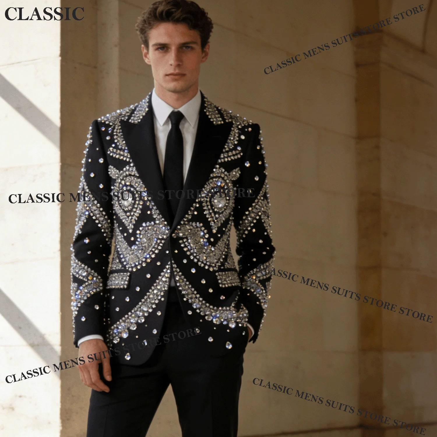 

Glitter Customized Tuxedos Men Suits Fashion Diamond Decoration Peaked Lapel Groom 2Pieces Set Wedding Male Prom Blazers suit