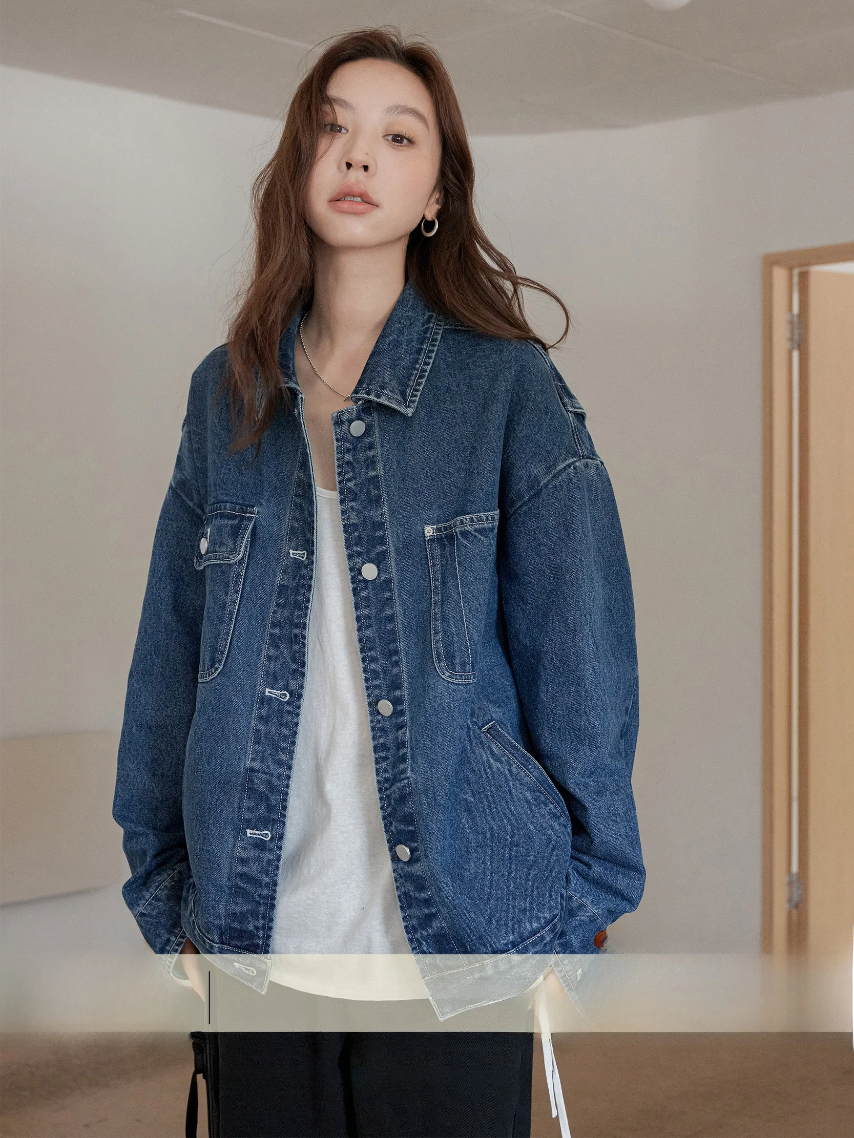 

VNOOK Retro Waed Denim Jaet Women's Casual Loose FiF Sle Cotton00% Autumn New Faion Commute Wind Coat
