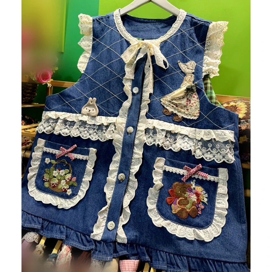 

Джинсовый кружевной жилет с вышивкой и рюшами для женщин, винтажный хлопковый жилет Mori Girl, корейская Лолита Kawaii, милый милый жилет Cottagecore