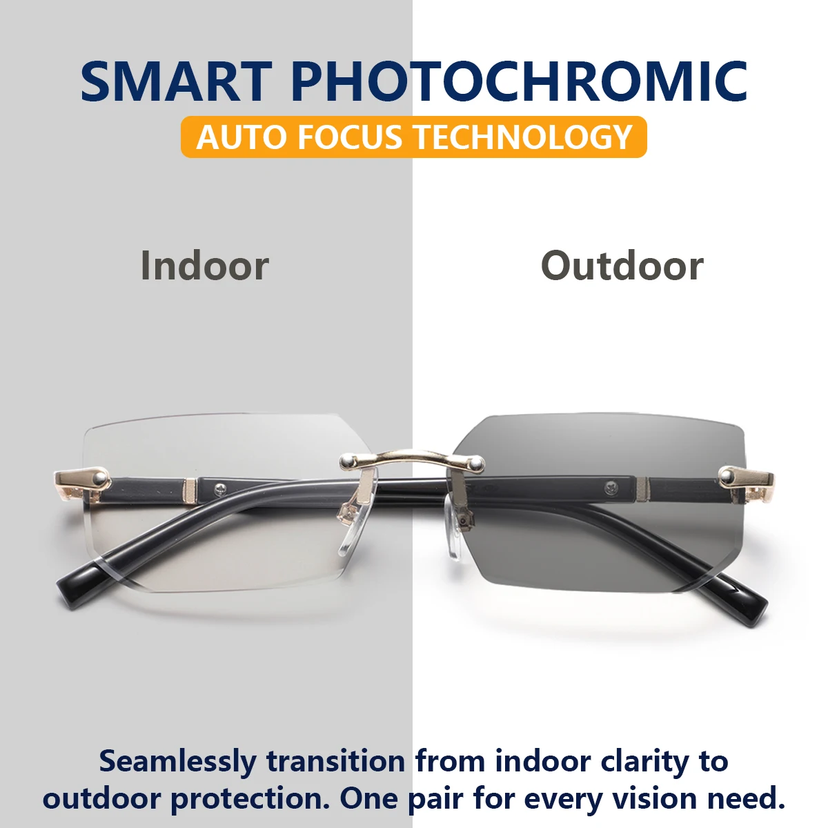 1 Pair of Men's Rectangular Metal Frameless Photochromic Glasses, Mature and Stylish for Everyday Casual Wear, Suitable for Business Meetings, Outdoor Driving, and Travel