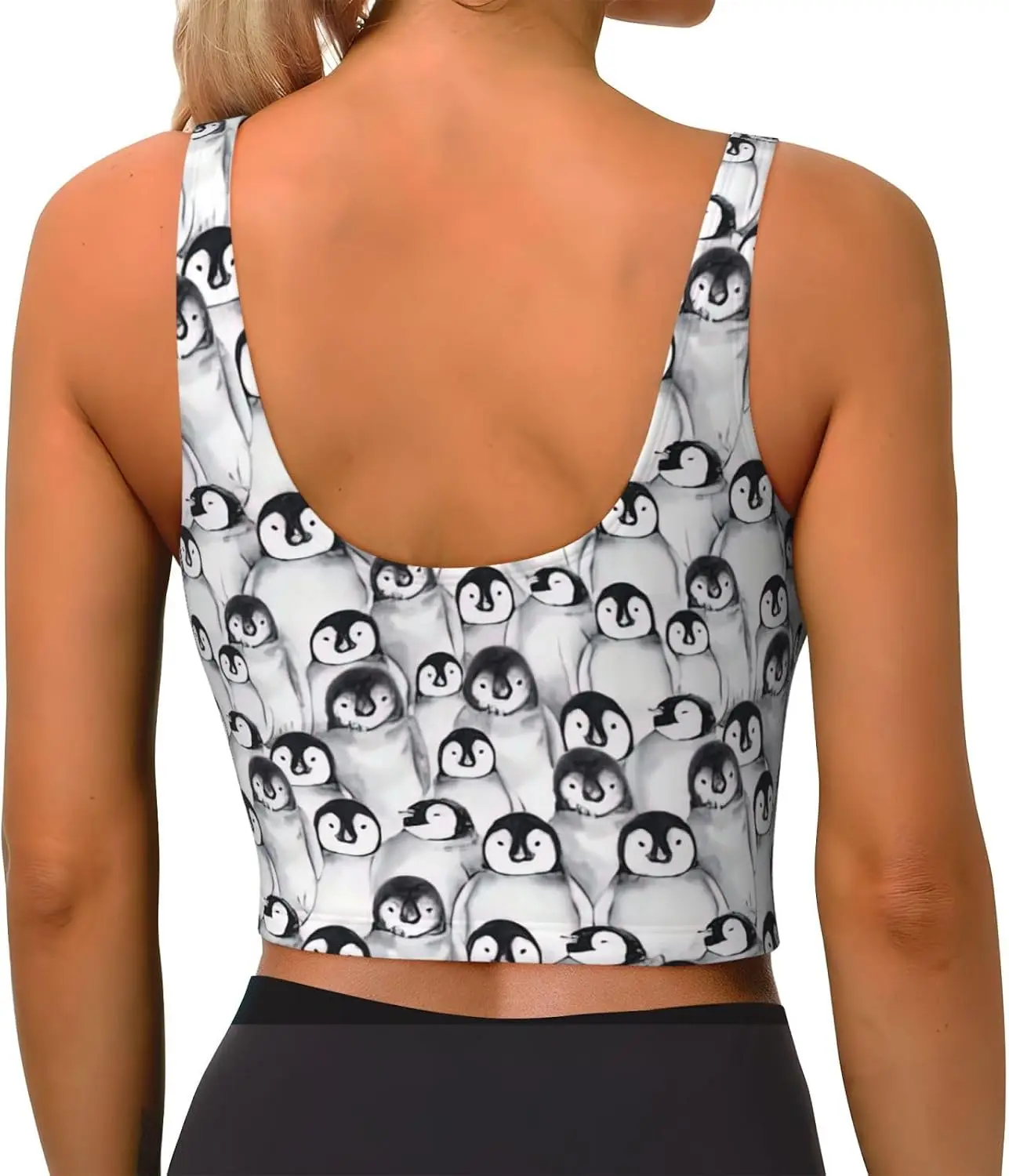 Cute Penguins Sketch Print Women's Strappy Sports Bra Stretch Gym Bras U Neck Yoga Tops Comfort Seamless Bra